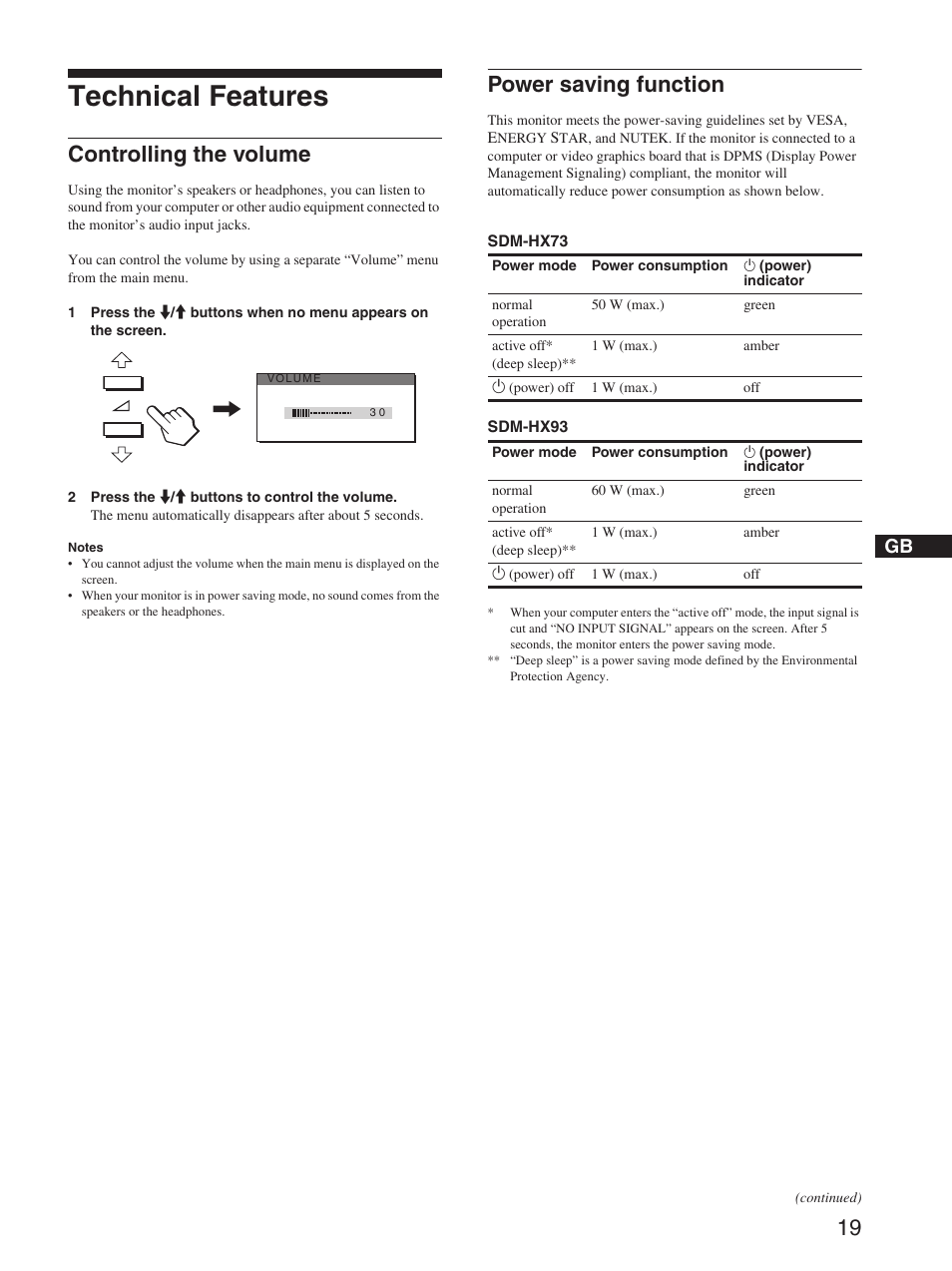 Technical features, Controlling the volume, Power saving function | Controlling the volume power saving function | Sony SDM-HX73 User Manual | Page 19 / 25