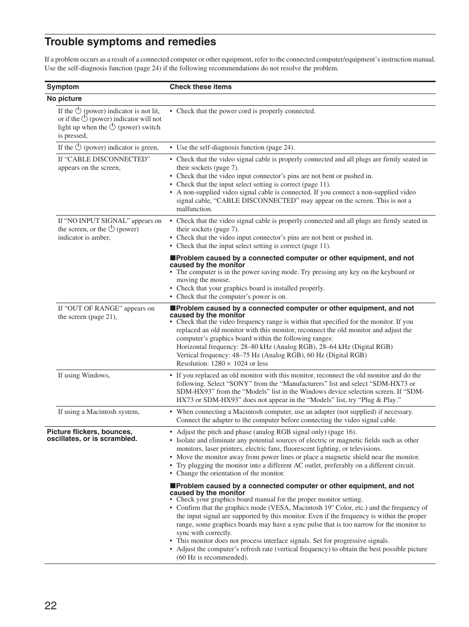 Trouble symptoms and remedies, 22 trouble symptoms and remedies | Sony SDM-HX73 User Manual | Page 22 / 25