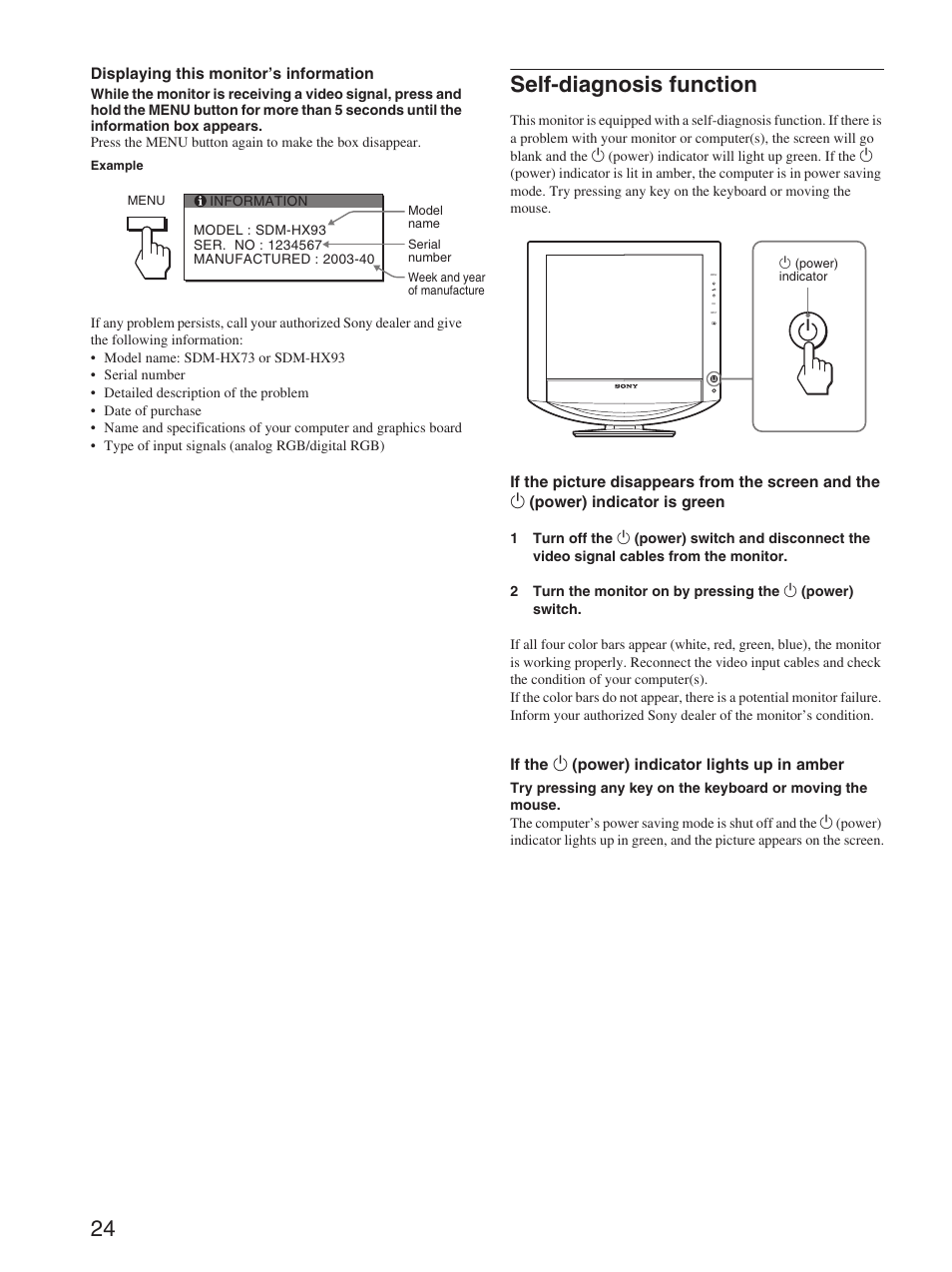 Self-diagnosis function | Sony SDM-HX73 User Manual | Page 24 / 25