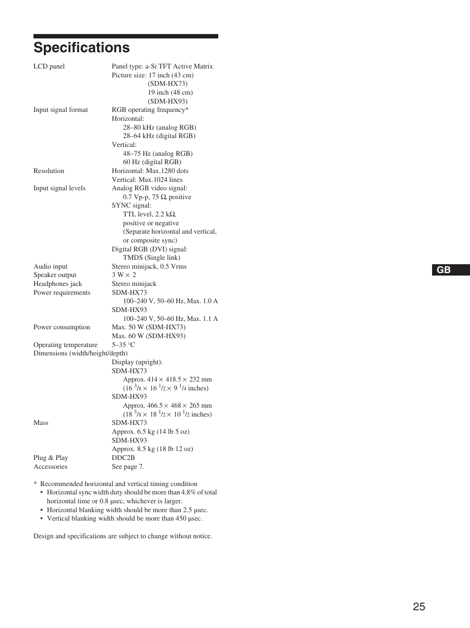 Specifications | Sony SDM-HX73 User Manual | Page 25 / 25