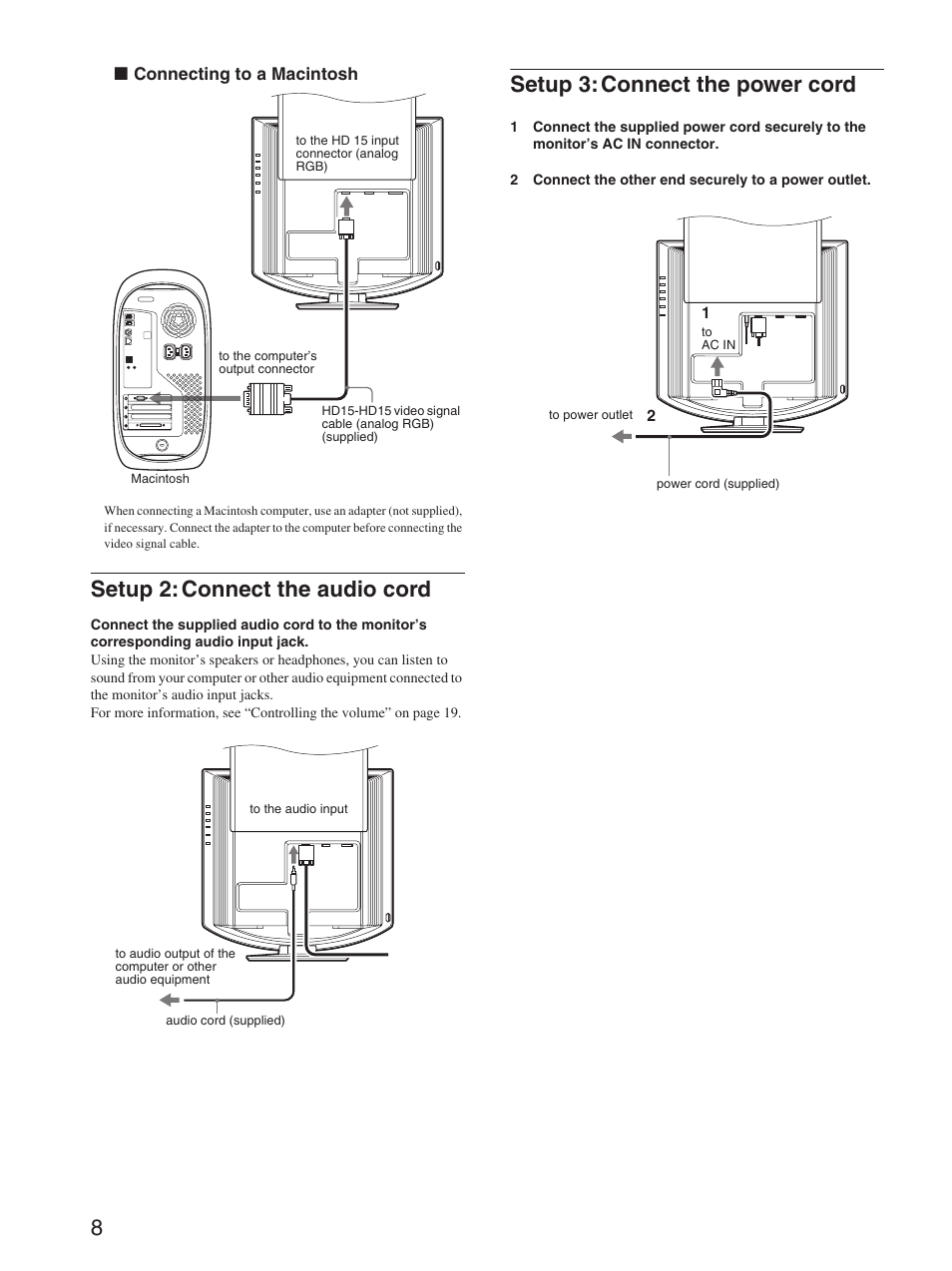 Setup 2: connect the audio cord, Setup 3: connect the power cord | Sony SDM-HX73 User Manual | Page 8 / 25