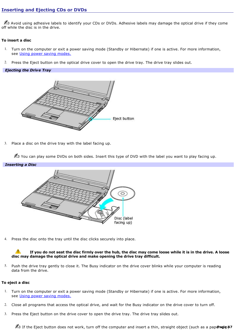 Inserting and ejecting cds or dvds | Sony PCG-V505DC1 User Manual | Page 47 / 152