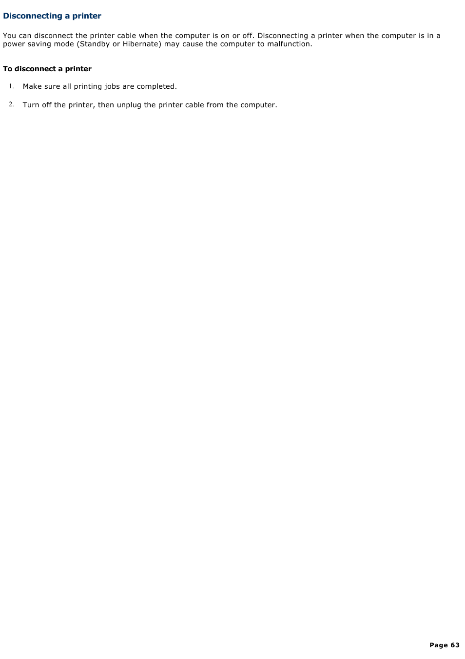 Disconnecting a printer | Sony PCG-V505DC1 User Manual | Page 63 / 152