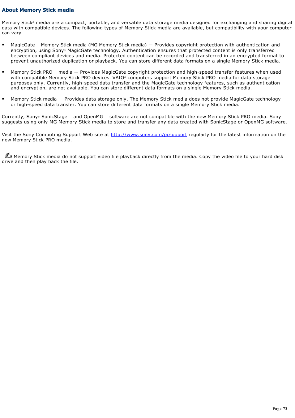 About memory stick media | Sony PCG-V505DC1 User Manual | Page 72 / 152