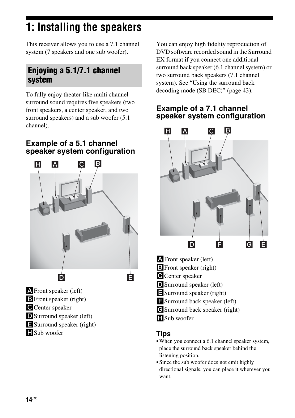 Installing the speakers, Enjoying a 5.1/7.1 channel system | Sony STR-DG720 User Manual | Page 14 / 92