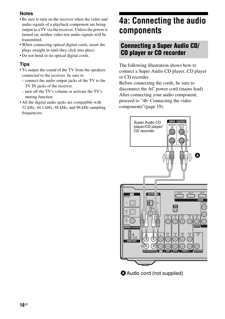 4a: connecting the audio components, Aaudio cord (not supplied), Tips | Super audio cd player/cd player/ cd recorder | Sony STR-DG720 User Manual | Page 18 / 92