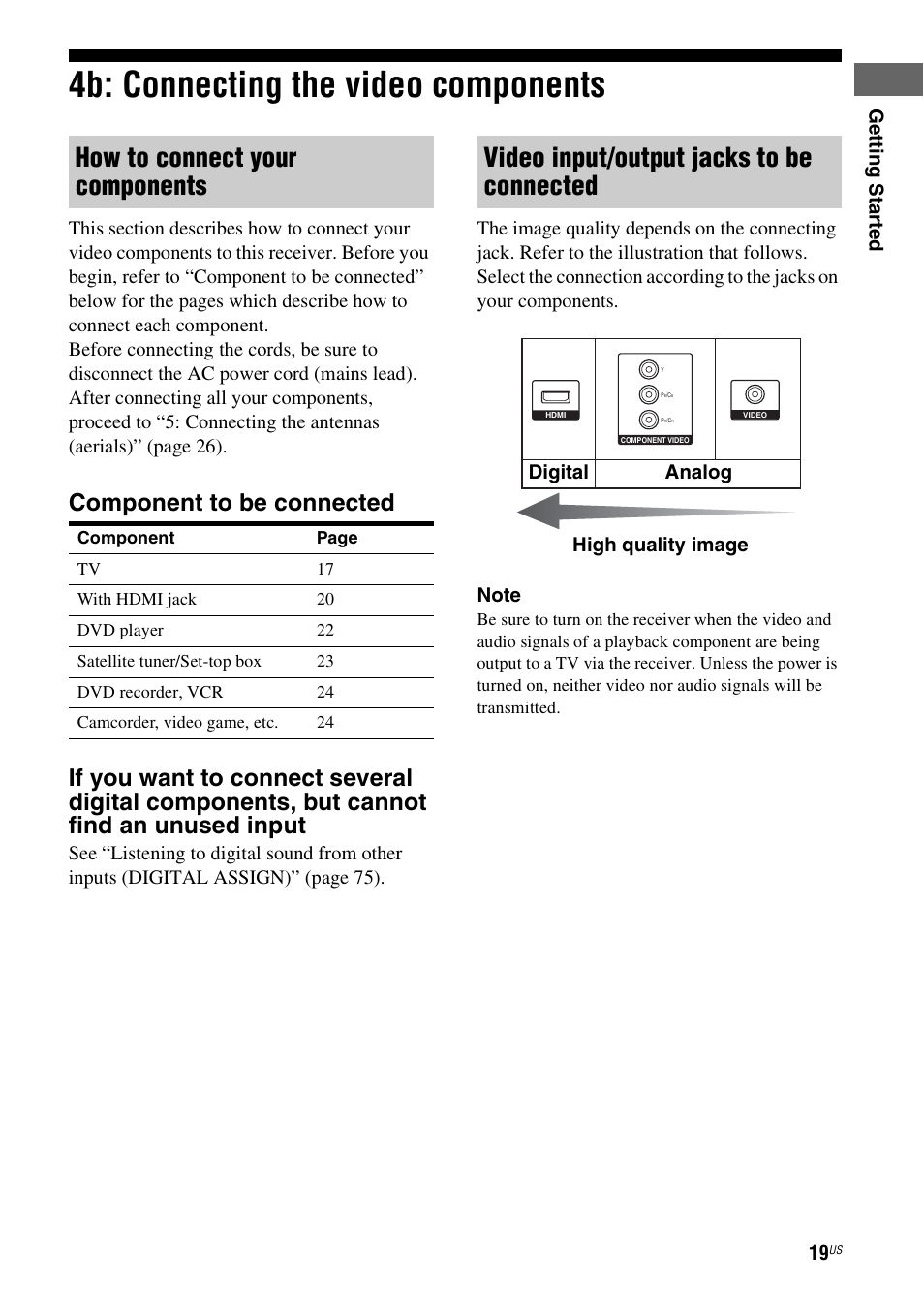 4b: connecting the video components, How to connect your components, Video input/output jacks to be connected | Ge tting star te d, Digital analog high quality image | Sony STR-DG720 User Manual | Page 19 / 92