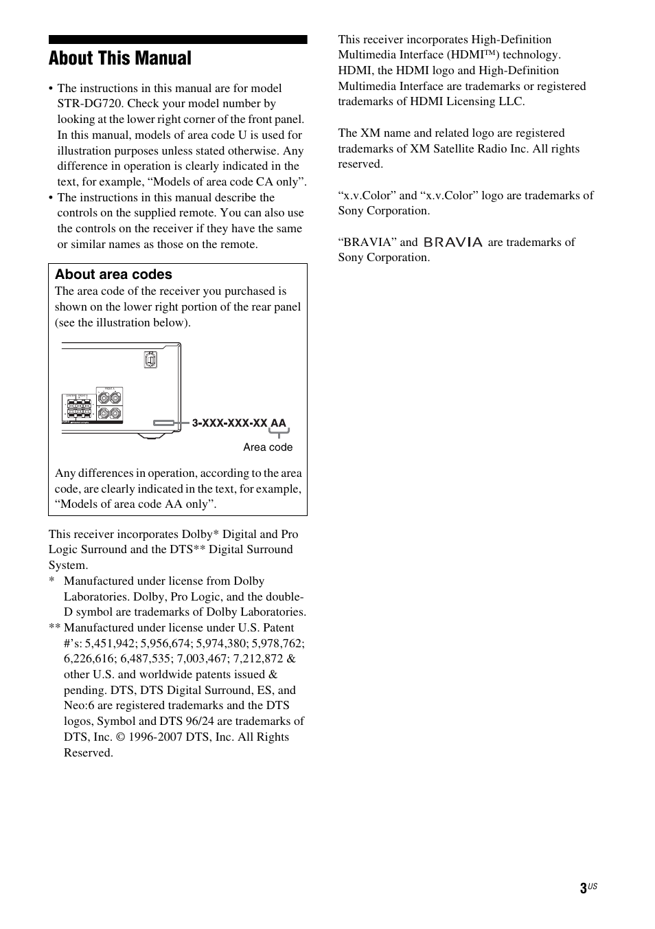 About this manual, About area codes | Sony STR-DG720 User Manual | Page 3 / 92