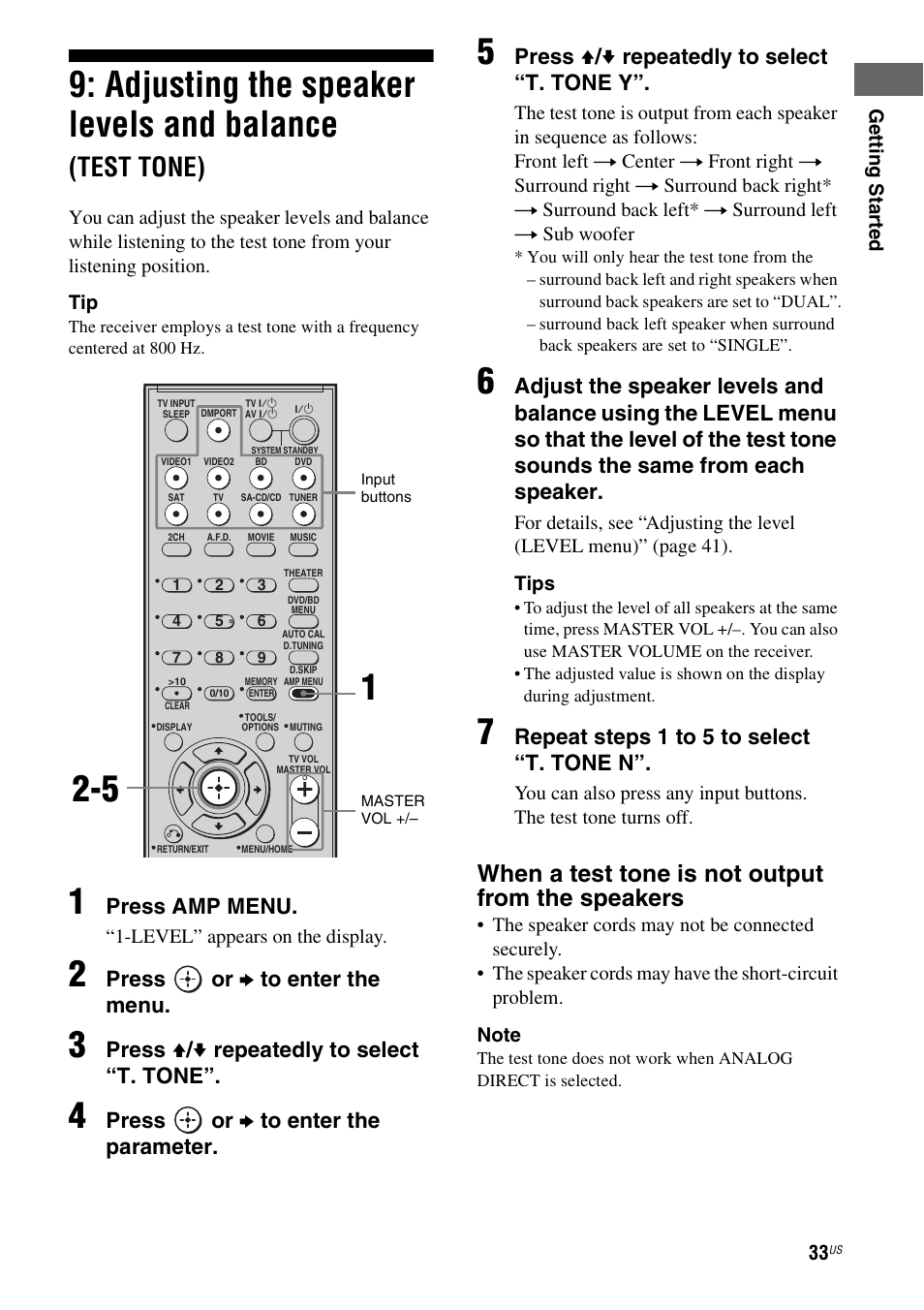 Adjusting the speaker levels and, Balance (test tone), E 33 | Adjusting the speaker levels and balance, Test tone), When a test tone is not output from the speakers, Press amp menu, Press or b to enter the menu, Press v / v repeatedly to select “t. tone, Press or b to enter the parameter | Sony STR-DG720 User Manual | Page 33 / 92