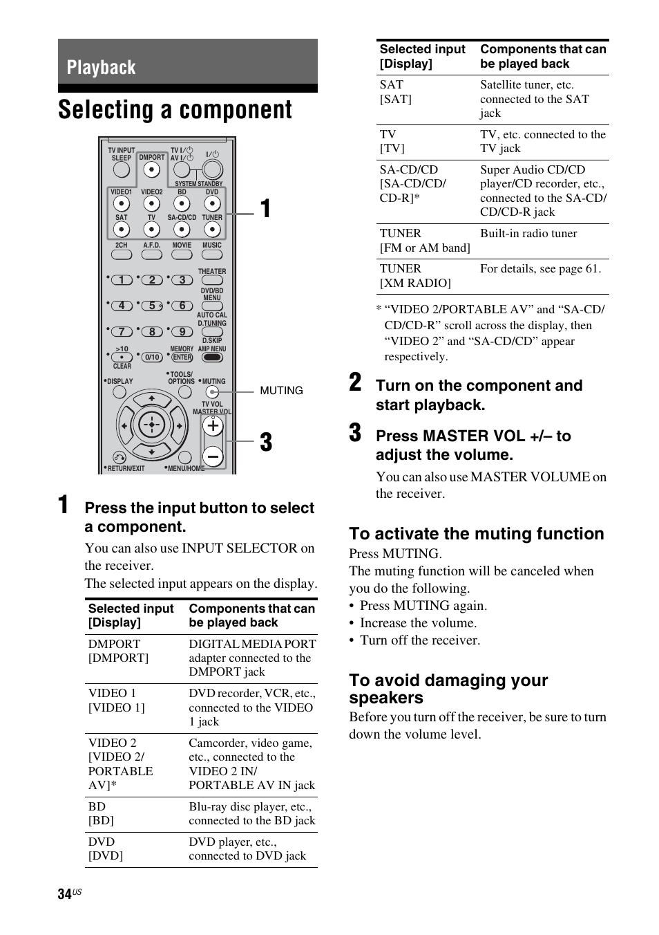 Playback, Selecting a component, E 34 | Selecting a component 1, Press the input button to select a component, Turn on the component and start playback, Press master vol +/– to adjust the volume, You can also use master volume on the receiver | Sony STR-DG720 User Manual | Page 34 / 92