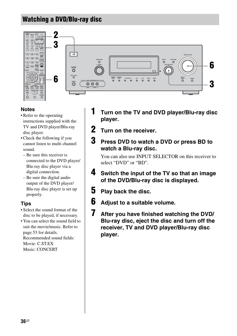 Watching a dvd/blu-ray disc, Turn on the tv and dvd player/blu-ray disc player, Turn on the receiver | Play back the disc, Adjust to a suitable volume, Tips | Sony STR-DG720 User Manual | Page 36 / 92