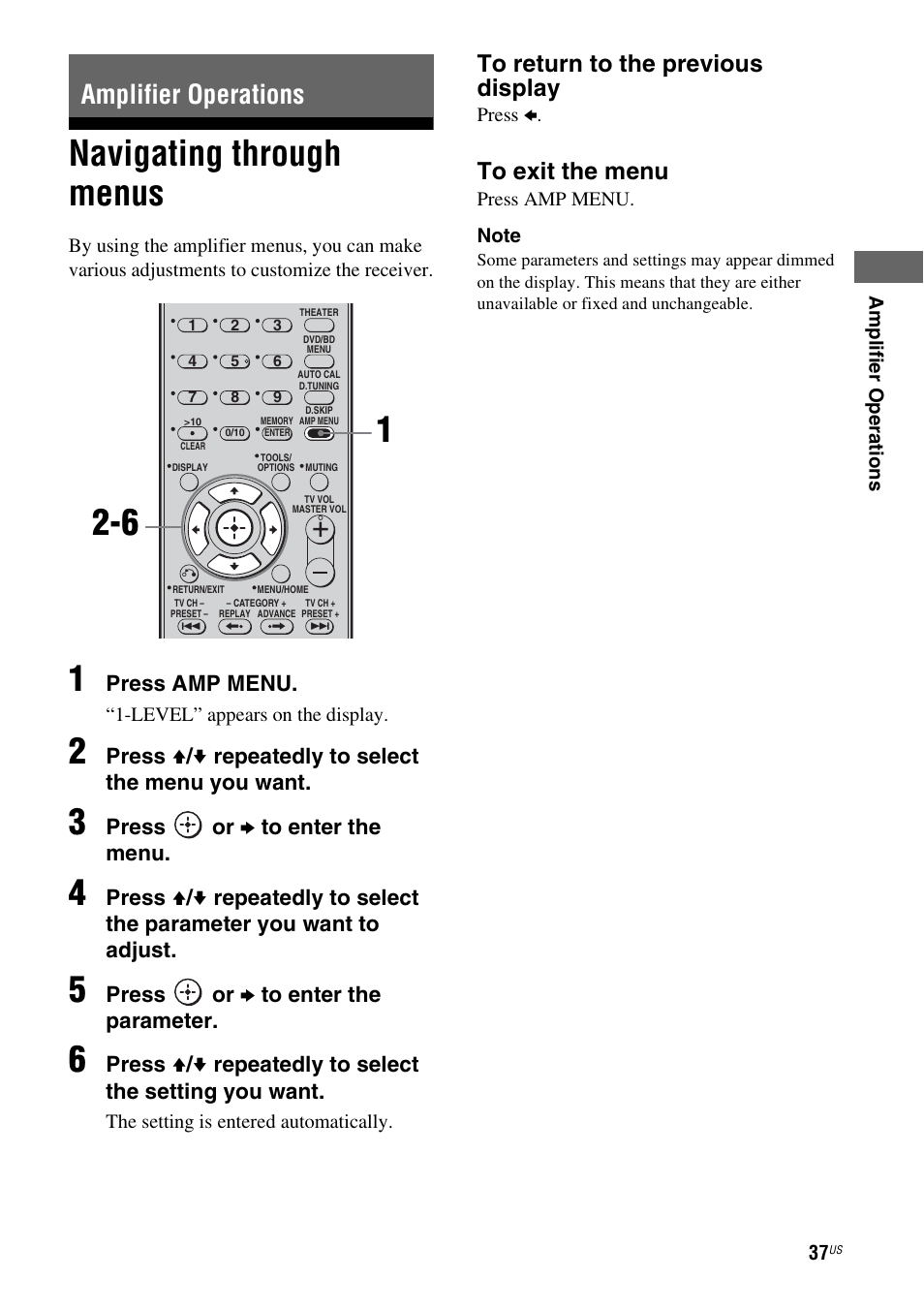 Amplifier operations, Navigating through menus, Press amp menu | Press v / v repeatedly to select the menu you want, Press or b to enter the menu, Press or b to enter the parameter | Sony STR-DG720 User Manual | Page 37 / 92