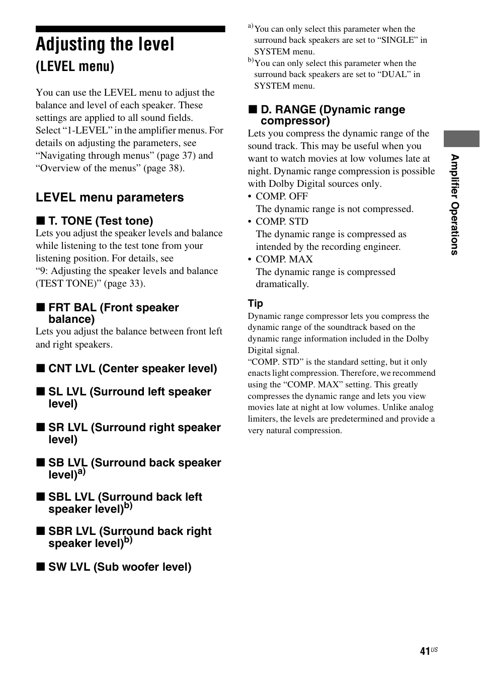 Adjusting the level (level menu), Adjusting the level, Level menu) | Sony STR-DG720 User Manual | Page 41 / 92