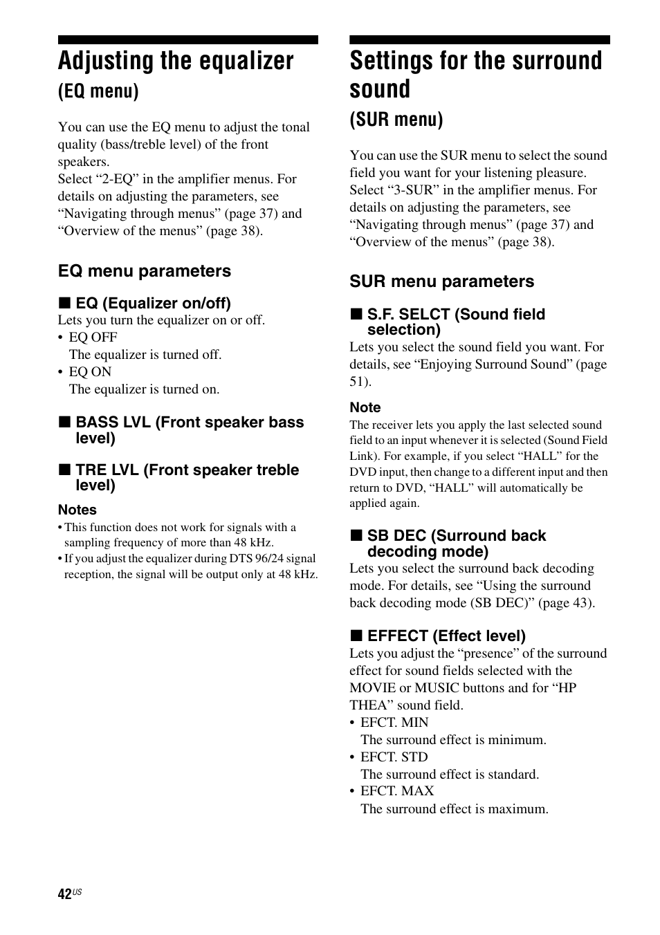 Adjusting the equalizer (eq menu), Settings for the surround sound (sur menu), Sur menu) | Adjusting the equalizer, Settings for the surround sound, Eq menu) | Sony STR-DG720 User Manual | Page 42 / 92