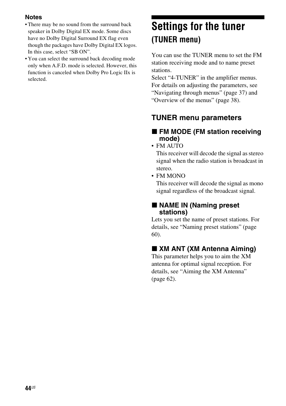 Settings for the tuner (tuner menu), Settings for the tuner, Tuner menu) | Sony STR-DG720 User Manual | Page 44 / 92