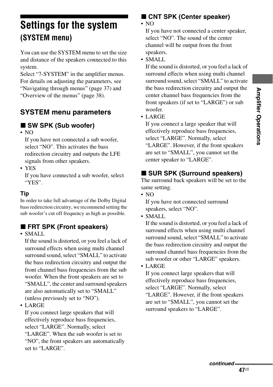 Settings for the system (system menu), Settings for the system, System menu) | Sony STR-DG720 User Manual | Page 47 / 92