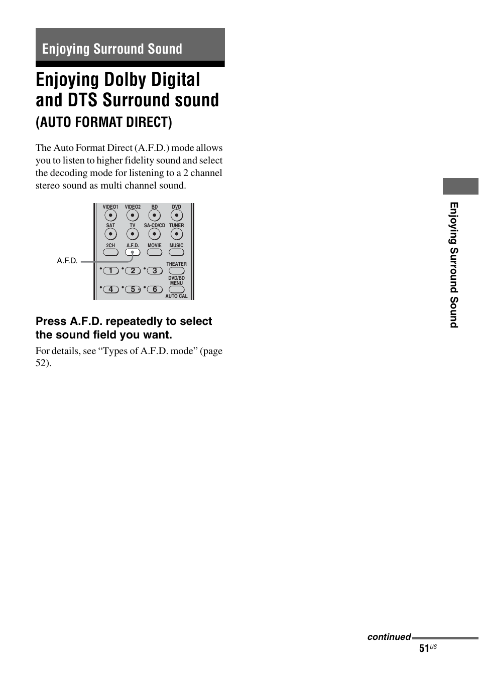 Enjoying surround sound, Enjoying dolby digital and dts surround, Sound (auto format direct) | Enjoying dolby digital and dts surround sound, Auto format direct) | Sony STR-DG720 User Manual | Page 51 / 92