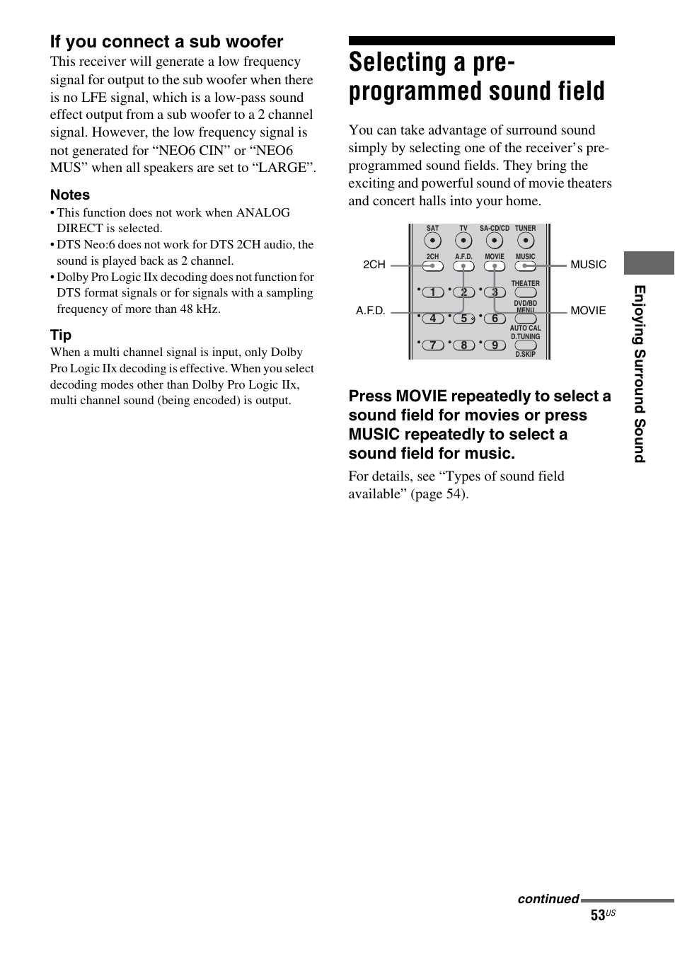 Selecting a pre- programmed sound field, Selecting a pre-programmed sound field, If you connect a sub woofer | Sony STR-DG720 User Manual | Page 53 / 92
