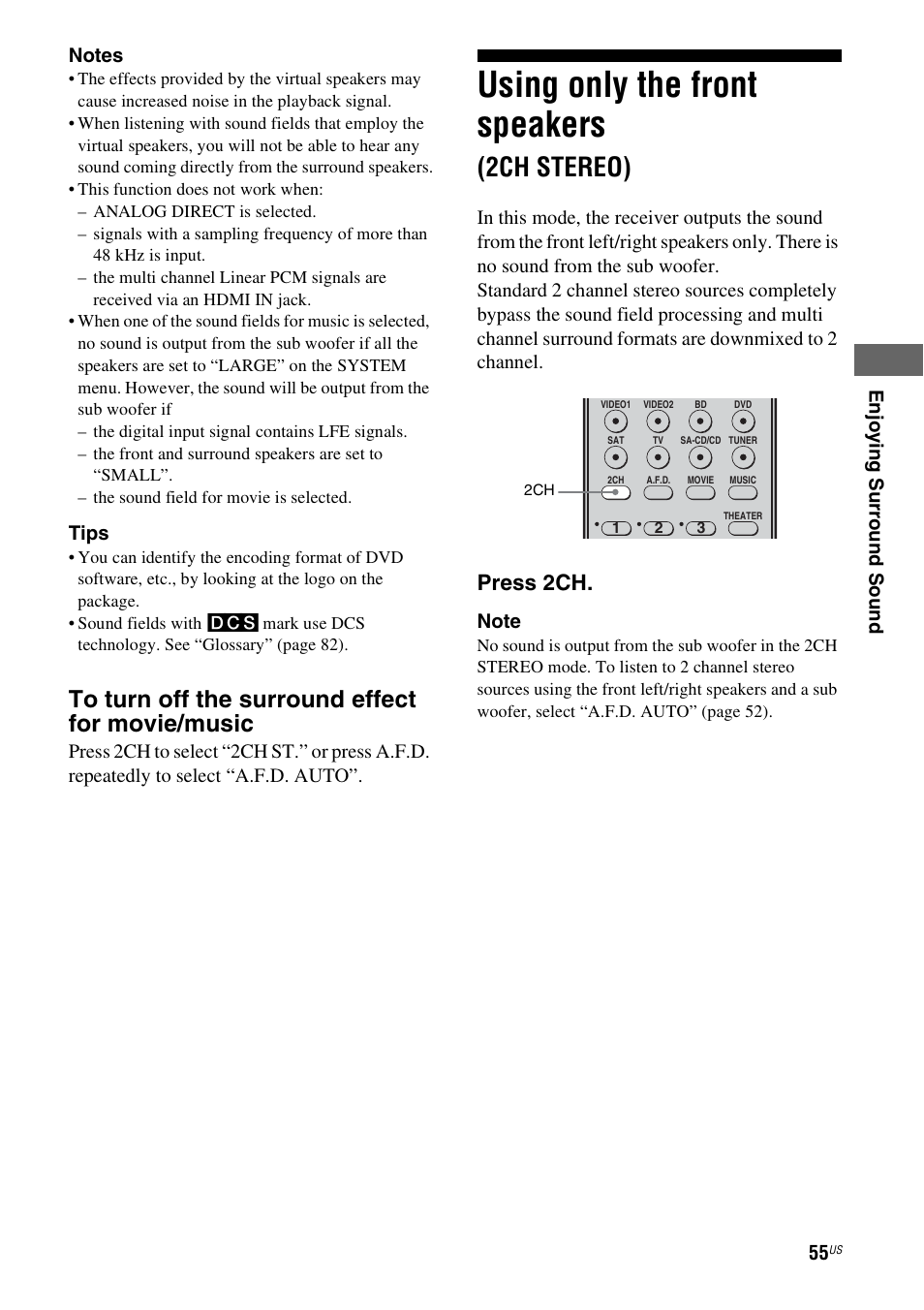 Using only the front speakers (2ch stereo), Using only the front speakers, 2ch stereo) | Press 2ch | Sony STR-DG720 User Manual | Page 55 / 92