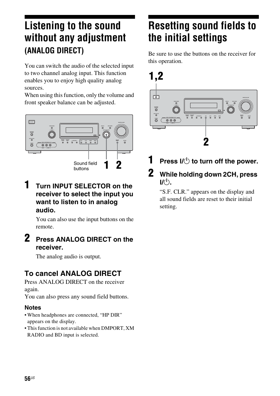 Resetting sound fields to the initial settings, Listening to the sound without any, Adjustment (analog direct) | Resetting sound fields to the initial, Settings, Listening to the sound without any adjustment, Analog direct), Press analog direct on the receiver, Press ? / 1 to turn off the power, While holding down 2ch, press ? / 1 | Sony STR-DG720 User Manual | Page 56 / 92