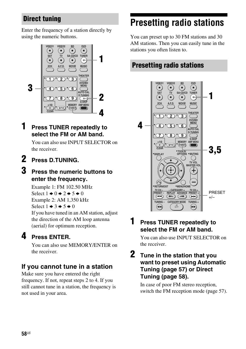 Presetting radio stations, Direct tuning, If you cannot tune in a station | Press tuner repeatedly to select the fm or am band, Press d.tuning, Press the numeric buttons to enter the frequency, Press enter, You can also use input selector on the receiver | Sony STR-DG720 User Manual | Page 58 / 92