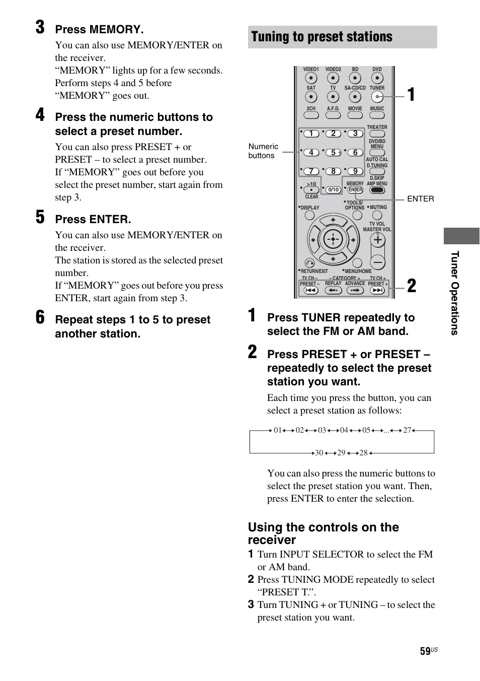 Tuning to preset stations, Using the controls on the receiver, Press enter | Repeat steps 1 to 5 to preset another station, Press tuner repeatedly to select the fm or am band | Sony STR-DG720 User Manual | Page 59 / 92