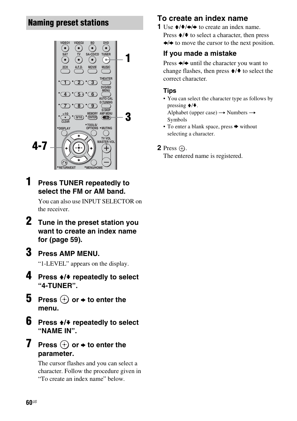 Naming preset stations, Press tuner repeatedly to select the fm or am band, Press amp menu | Press v / v repeatedly to select “4-tuner, Press or b to enter the menu, Press v / v repeatedly to select “name in, Press or b to enter the parameter, If you made a mistake | Sony STR-DG720 User Manual | Page 60 / 92