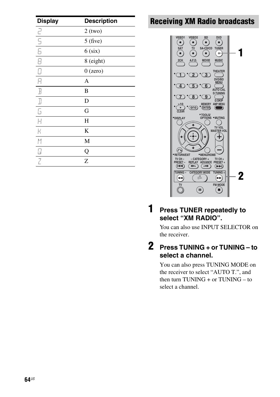 Receiving xm radio broadcasts, Press tuner repeatedly to select “xm radio, Press tuning + or tuning – to select a channel | You can also use input selector on the receiver | Sony STR-DG720 User Manual | Page 64 / 92