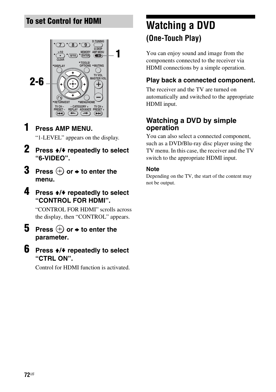 Watching a dvd (one-touch play), Watching a dvd, One-touch play) | Watching a dvd by simple operation | Sony STR-DG720 User Manual | Page 72 / 92