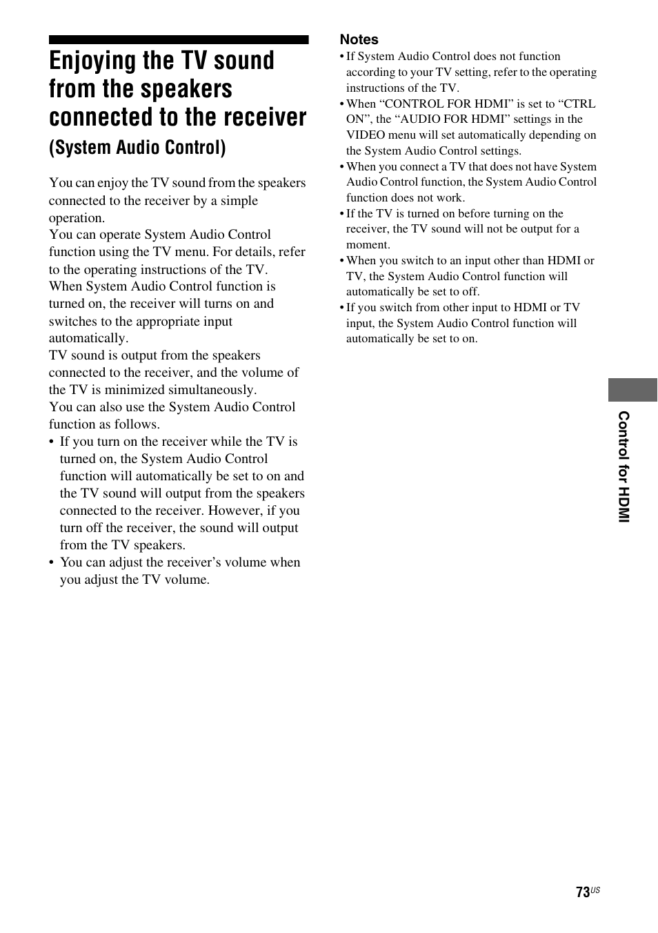 Enjoying the tv sound from the speakers, Connected to the receiver, System audio control) | Sony STR-DG720 User Manual | Page 73 / 92