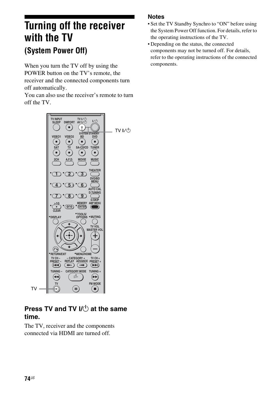 Turning off the receiver with the tv, System power off), Press tv and tv ? / 1 at the same time | Sony STR-DG720 User Manual | Page 74 / 92