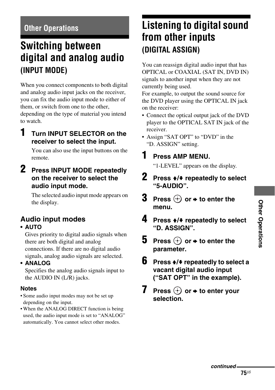 Other operations, Switching between digital and analog, Audio (input mode) | Listening to digital sound from other, Inputs (digital assign), Switching between digital and analog audio, Listening to digital sound from other inputs | Sony STR-DG720 User Manual | Page 75 / 92