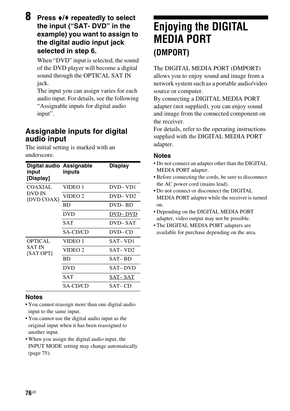 Enjoying the digital media port (dmport), Enjoying the digital media port, Dmport) | Assignable inputs for digital audio input | Sony STR-DG720 User Manual | Page 76 / 92