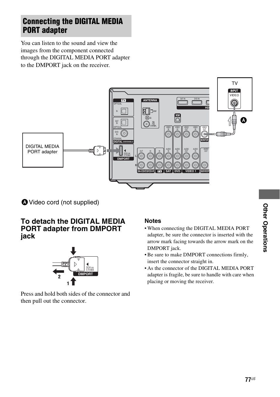 Connecting the digital media port adapter, Avideo cord (not supplied) a | Sony STR-DG720 User Manual | Page 77 / 92