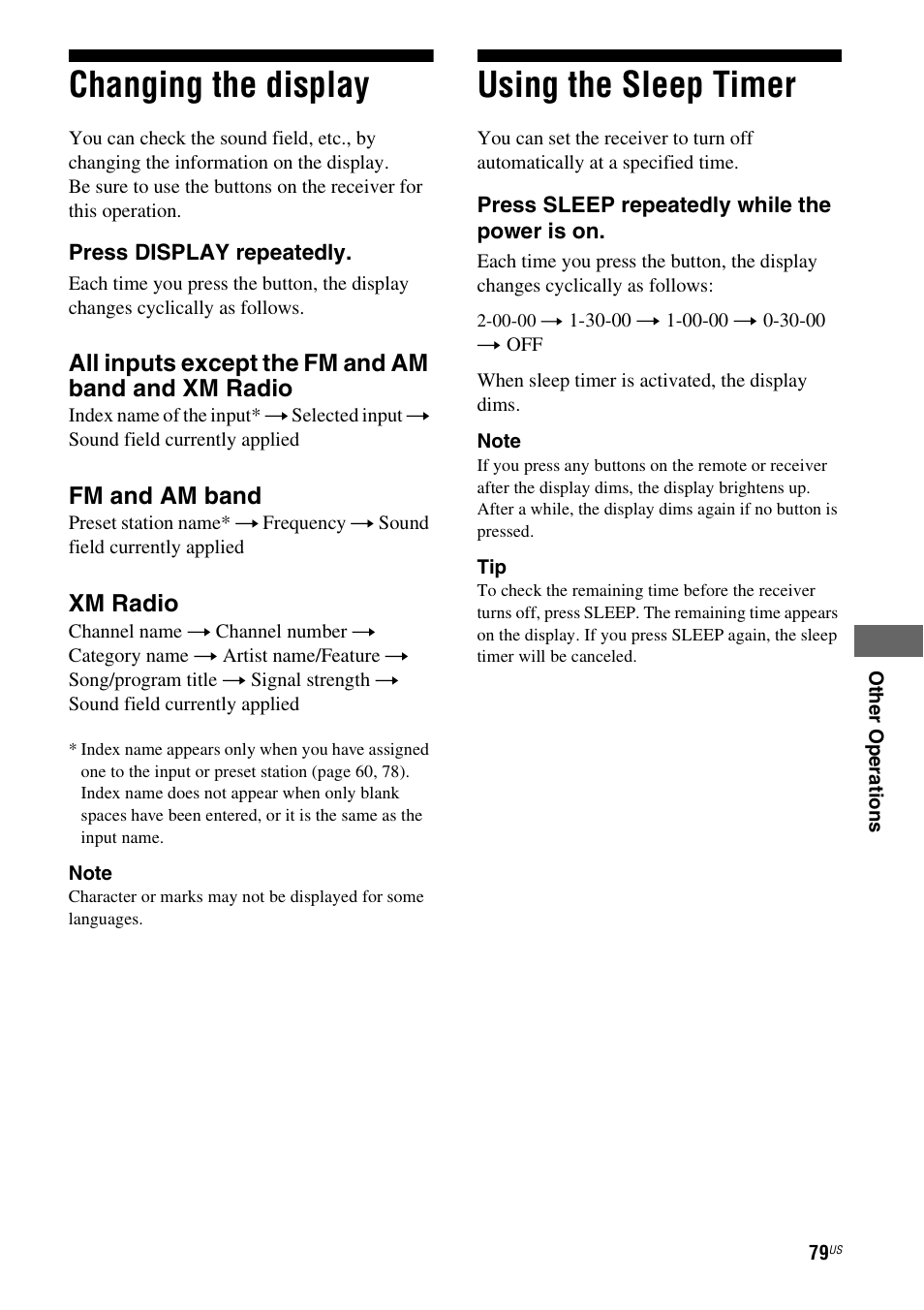 Changing the display, Using the sleep timer, Changing the display using the sleep timer | Sony STR-DG720 User Manual | Page 79 / 92