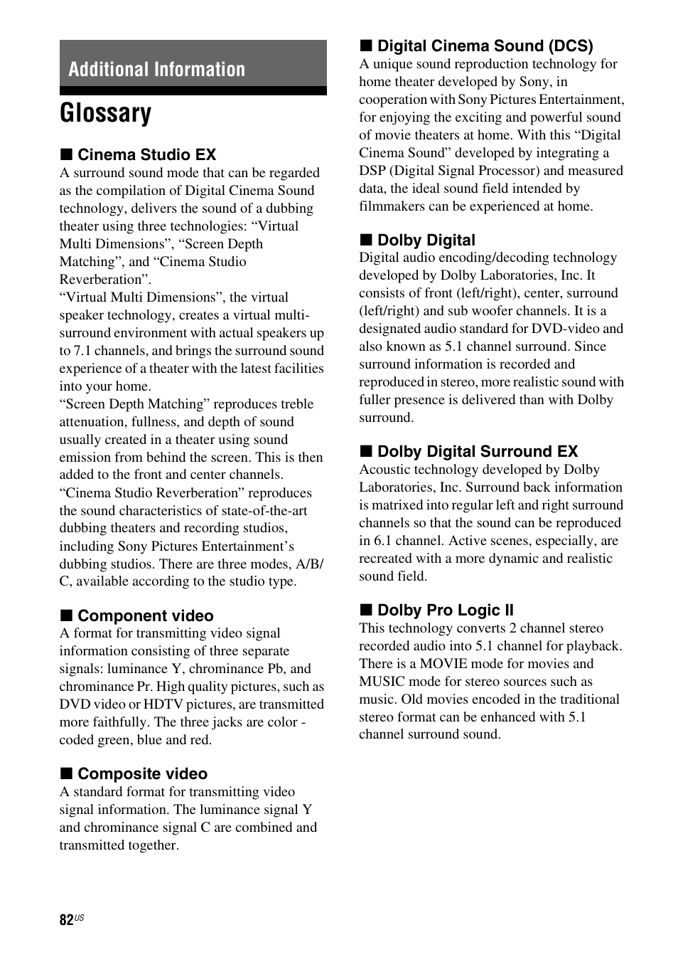 Additional information, Glossary | Sony STR-DG720 User Manual | Page 82 / 92