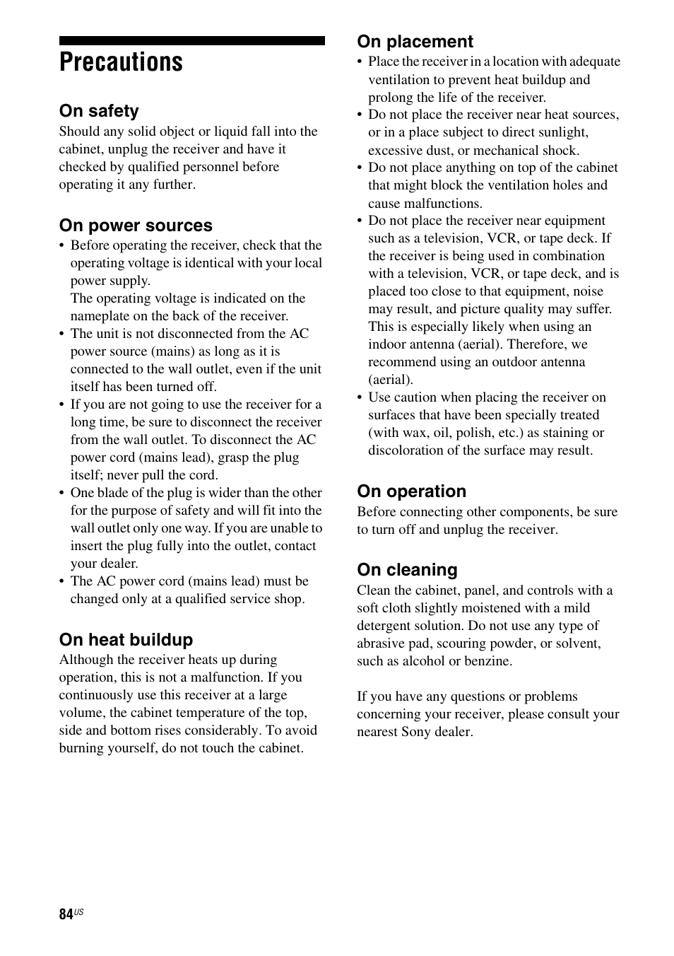 Precautions | Sony STR-DG720 User Manual | Page 84 / 92