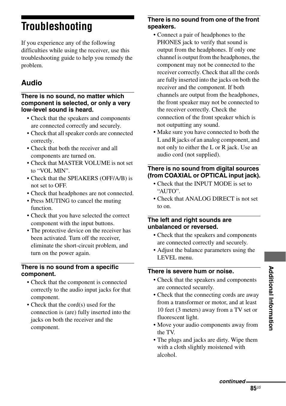 Troubleshooting | Sony STR-DG720 User Manual | Page 85 / 92