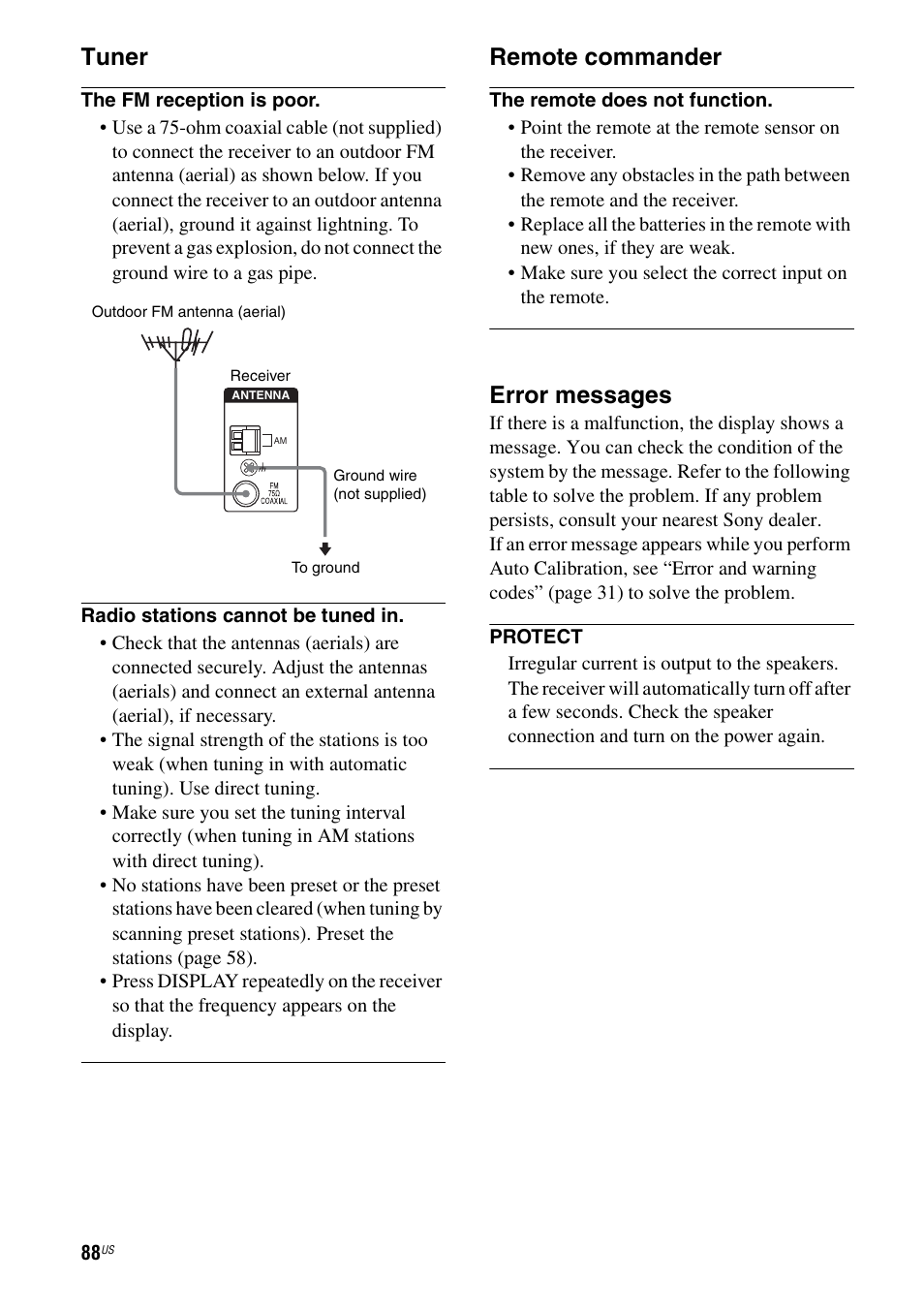 Tuner, Remote commander, Error messages | Sony STR-DG720 User Manual | Page 88 / 92