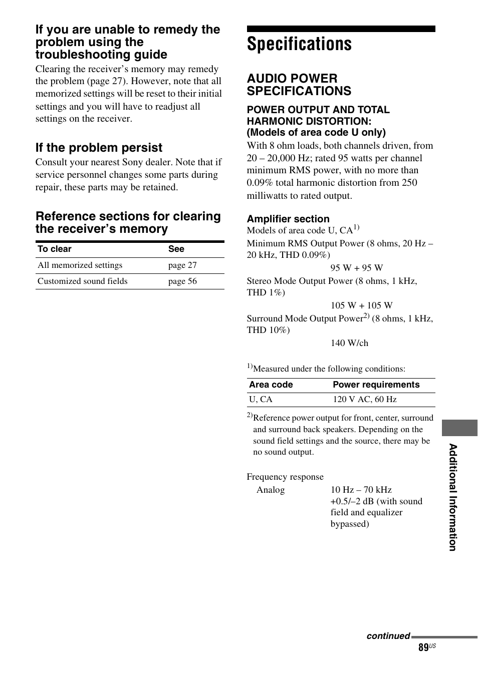 Specifications, If the problem persist, Audio power specifications | Sony STR-DG720 User Manual | Page 89 / 92