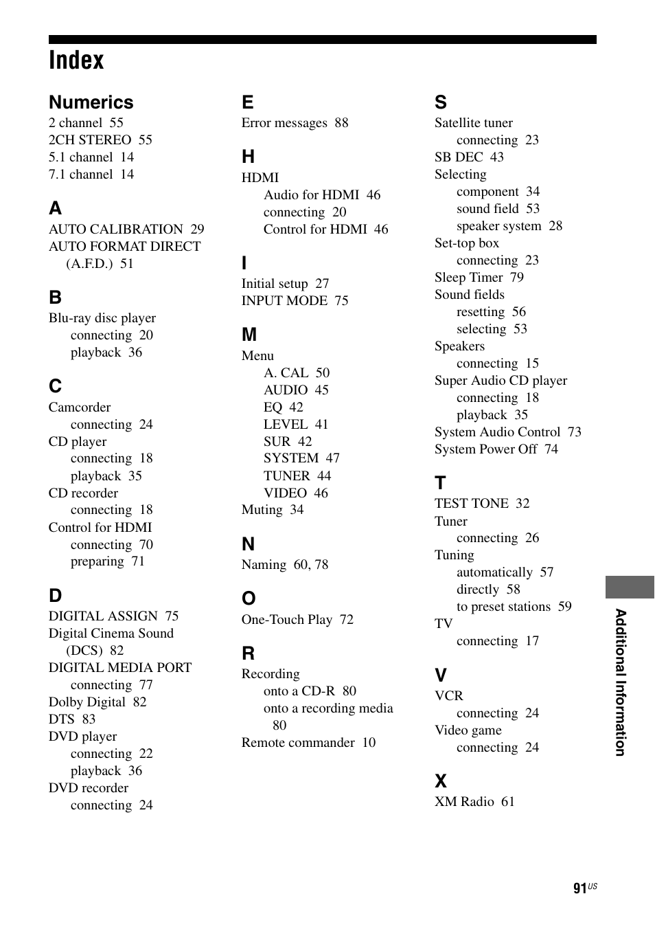 Index, Numerics | Sony STR-DG720 User Manual | Page 91 / 92