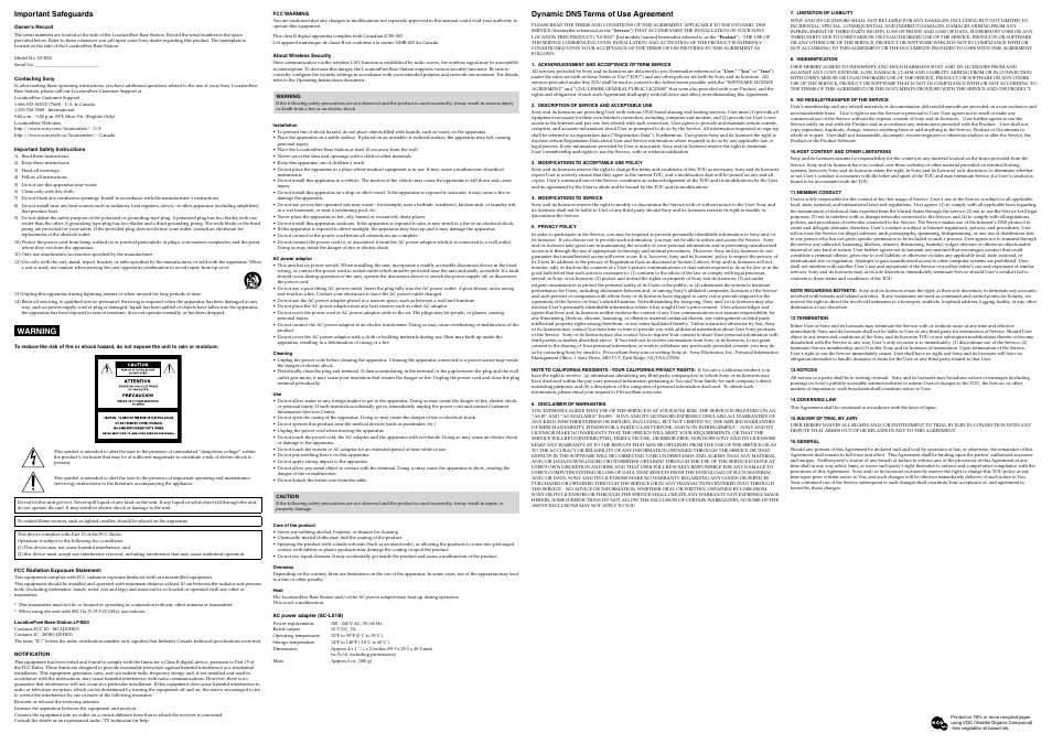 Warning | Sony LF-B20 User Manual | Page 2 / 2