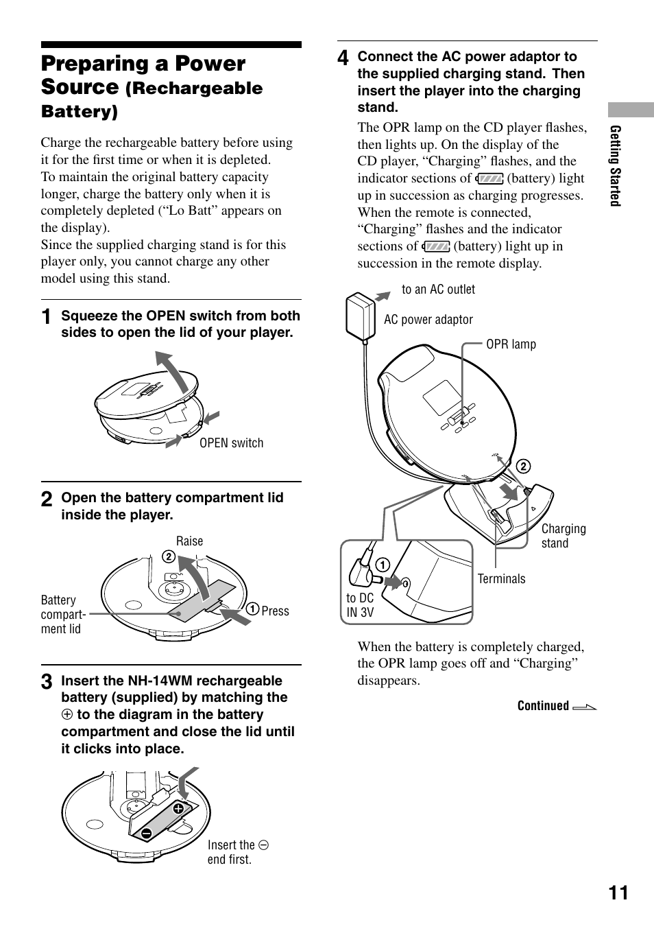 Preparing a power source (rechargeable battery), Preparing a power source, Rechargeable battery) | Sony D-NE920 User Manual | Page 11 / 43