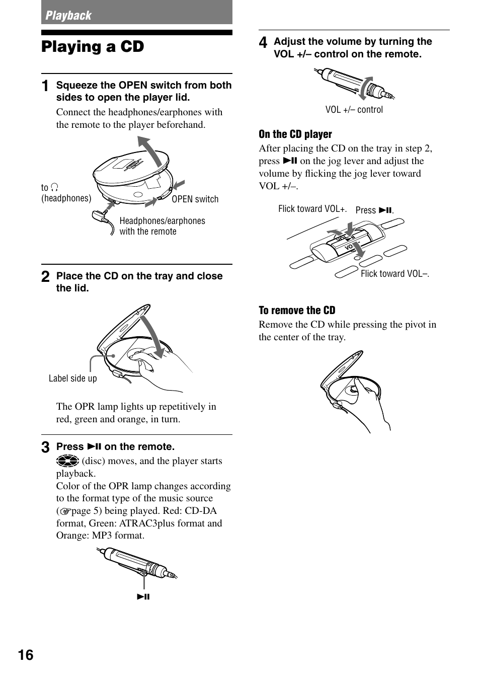 Playback, Playing a cd, Playing a cd 1 | Sony D-NE920 User Manual | Page 16 / 43