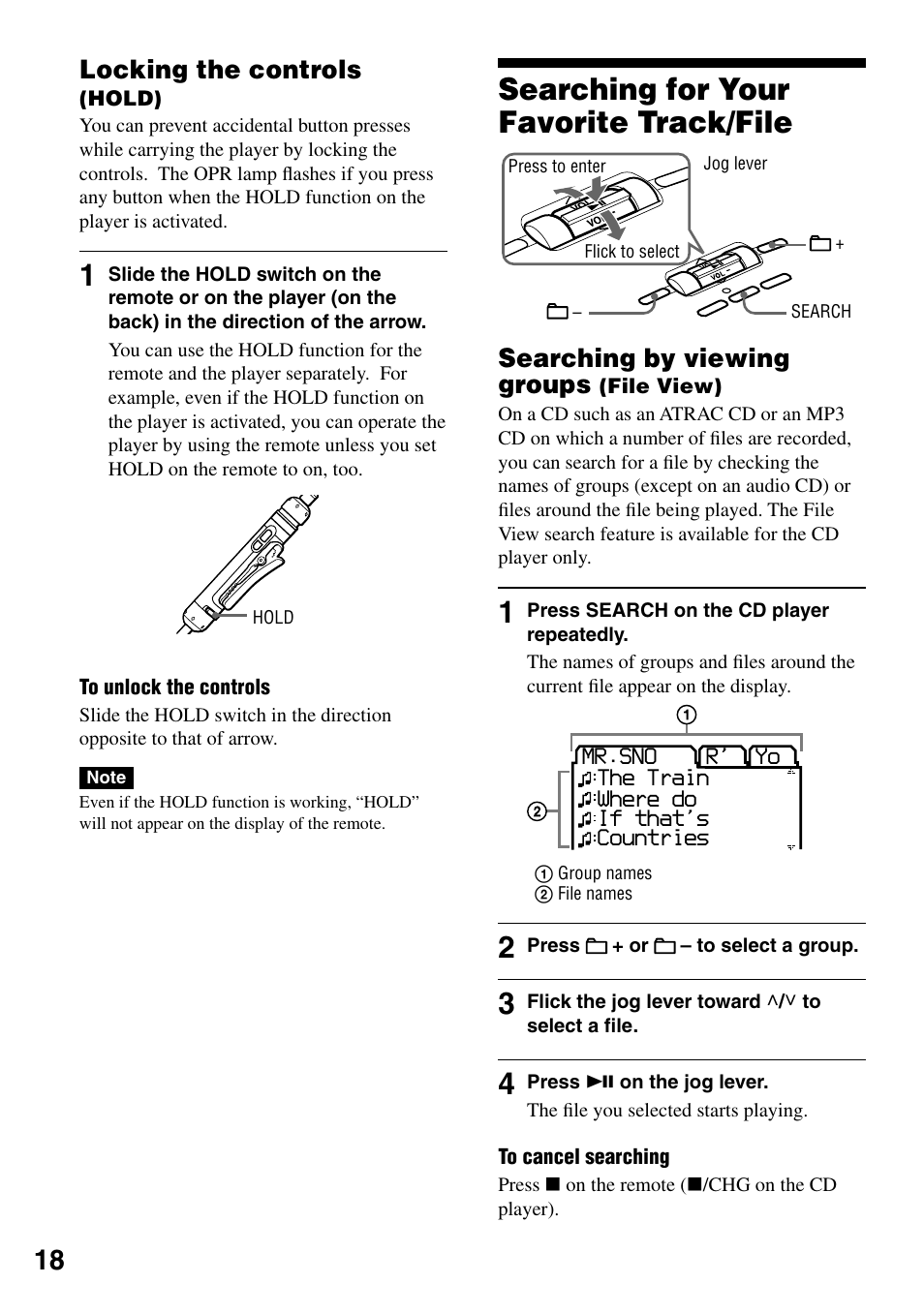Locking the controls (hold), Searching for your favorite track/file, Searching by viewing groups (file view) | Locking the controls, Searching by viewing groups | Sony D-NE920 User Manual | Page 18 / 43