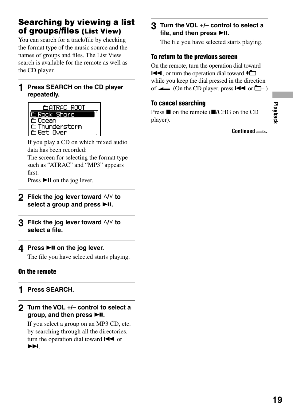 Searching by viewing a list of groups/ﬁles, List view) | Sony D-NE920 User Manual | Page 19 / 43