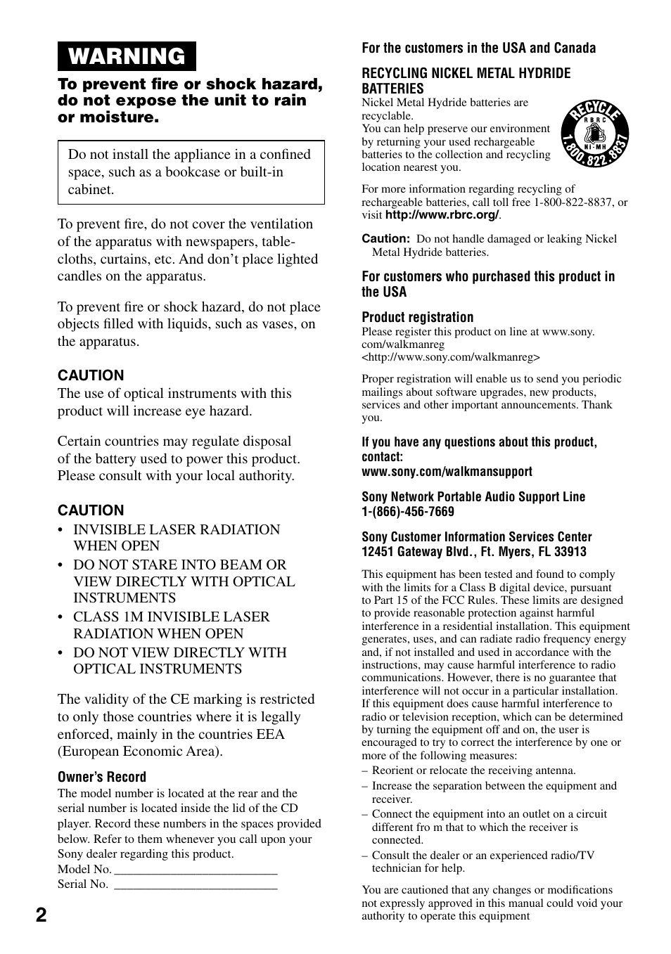 Warning | Sony D-NE920 User Manual | Page 2 / 43