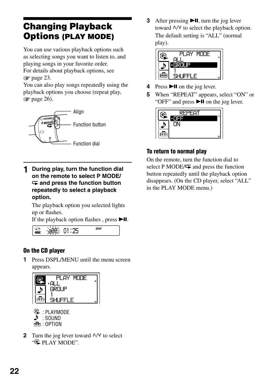 Changing playback options (play mode), Changing playback options (play, Mode) | Changing playback options, Play mode) | Sony D-NE920 User Manual | Page 22 / 43