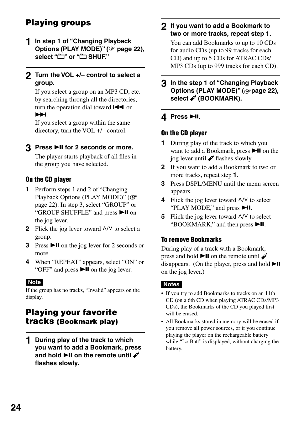 Playing groups, Playing your favorite tracks (bookmark play), Playing your favorite tracks (bookmark | Play), Playing your favorite tracks | Sony D-NE920 User Manual | Page 24 / 43