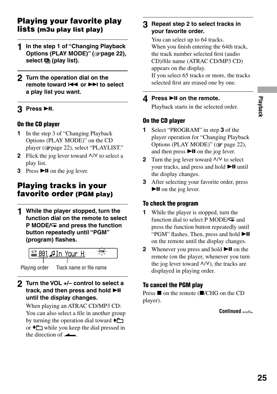 Playing tracks in your favorite order (pgm play), Playing your favorite play lists (m3u play, List play) | Playing tracks in your favorite order (pgm, Play), Playing your favorite play lists, Playing tracks in your favorite order | Sony D-NE920 User Manual | Page 25 / 43